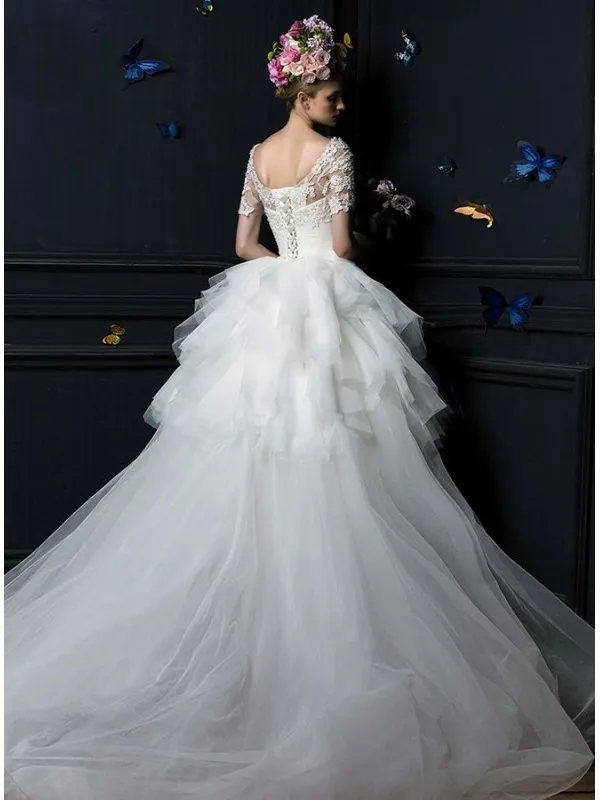 Abito da Sposa A Line Principesco con gonna in tulle e corpetto in pizzo con maniche