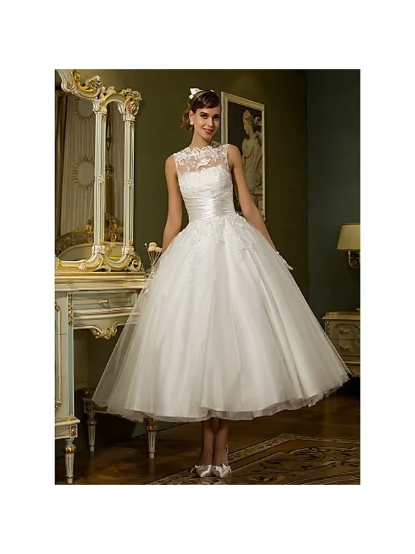 Abito da sposa midi con gonna ampia vaporosa in tulle e pizzo