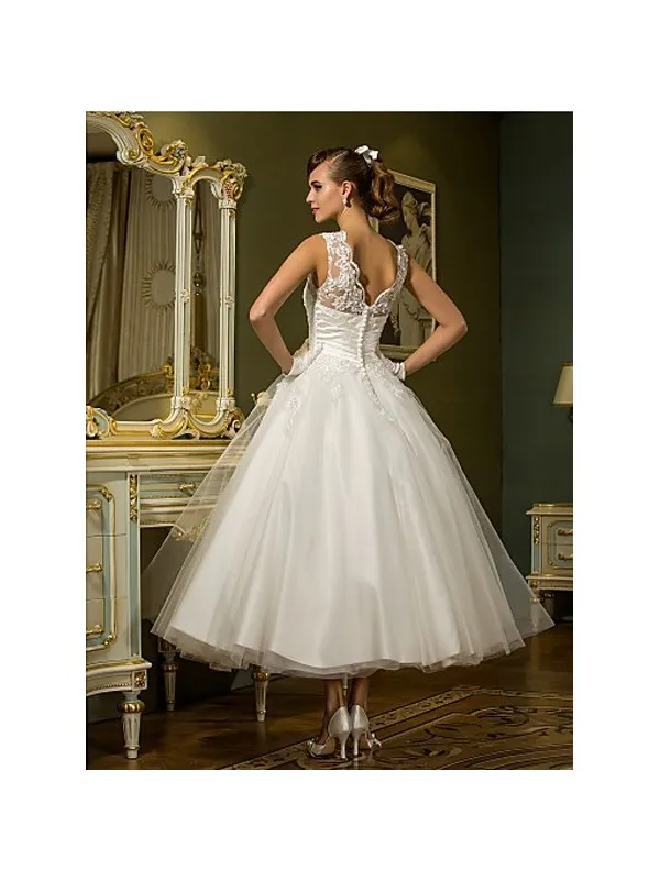 Abito da sposa midi con gonna ampia vaporosa in tulle e pizzo