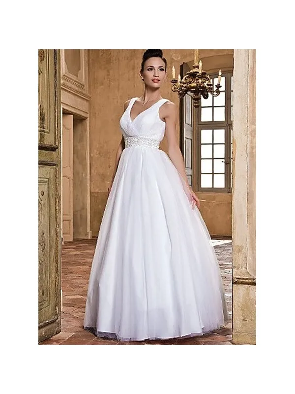 Abito da sposa semplice senza pizzo con bretelle e gonna ampia
