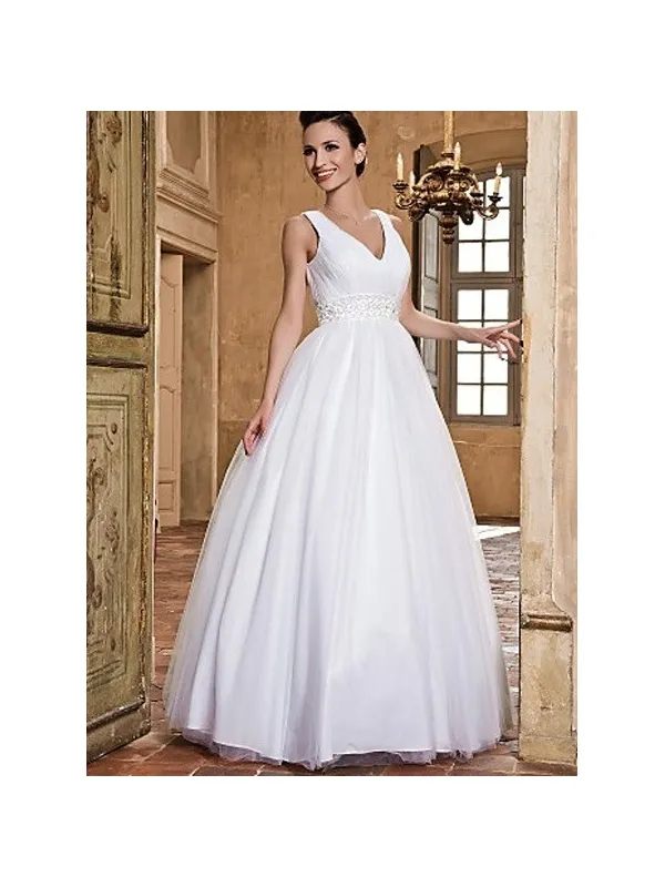 Abito da sposa semplice senza pizzo con bretelle e gonna ampia