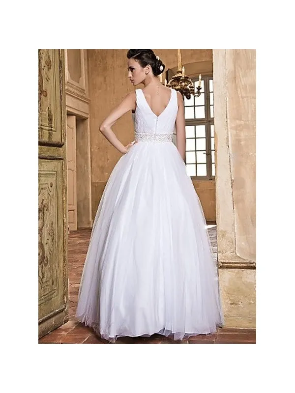 Abito da sposa semplice senza pizzo con bretelle e gonna ampia