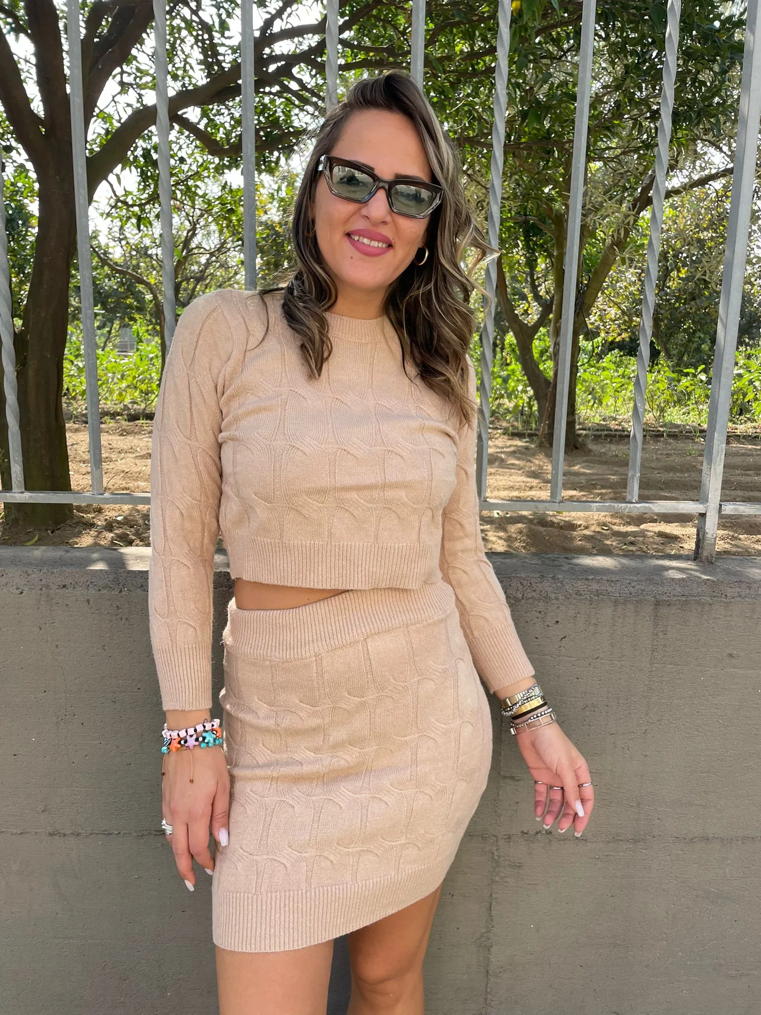 Coordinato 2 pezzi trama treccia con mini gonna
