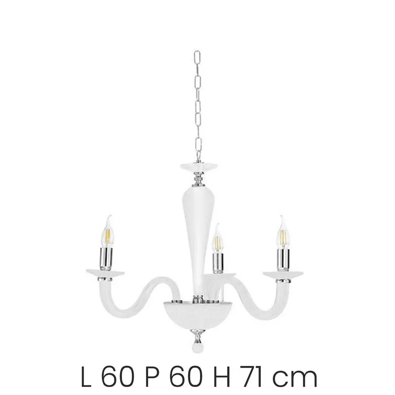 Ondaluce Lampadario Ravel/3 in vetro lavorato a mano con dettagli metallici, bianco