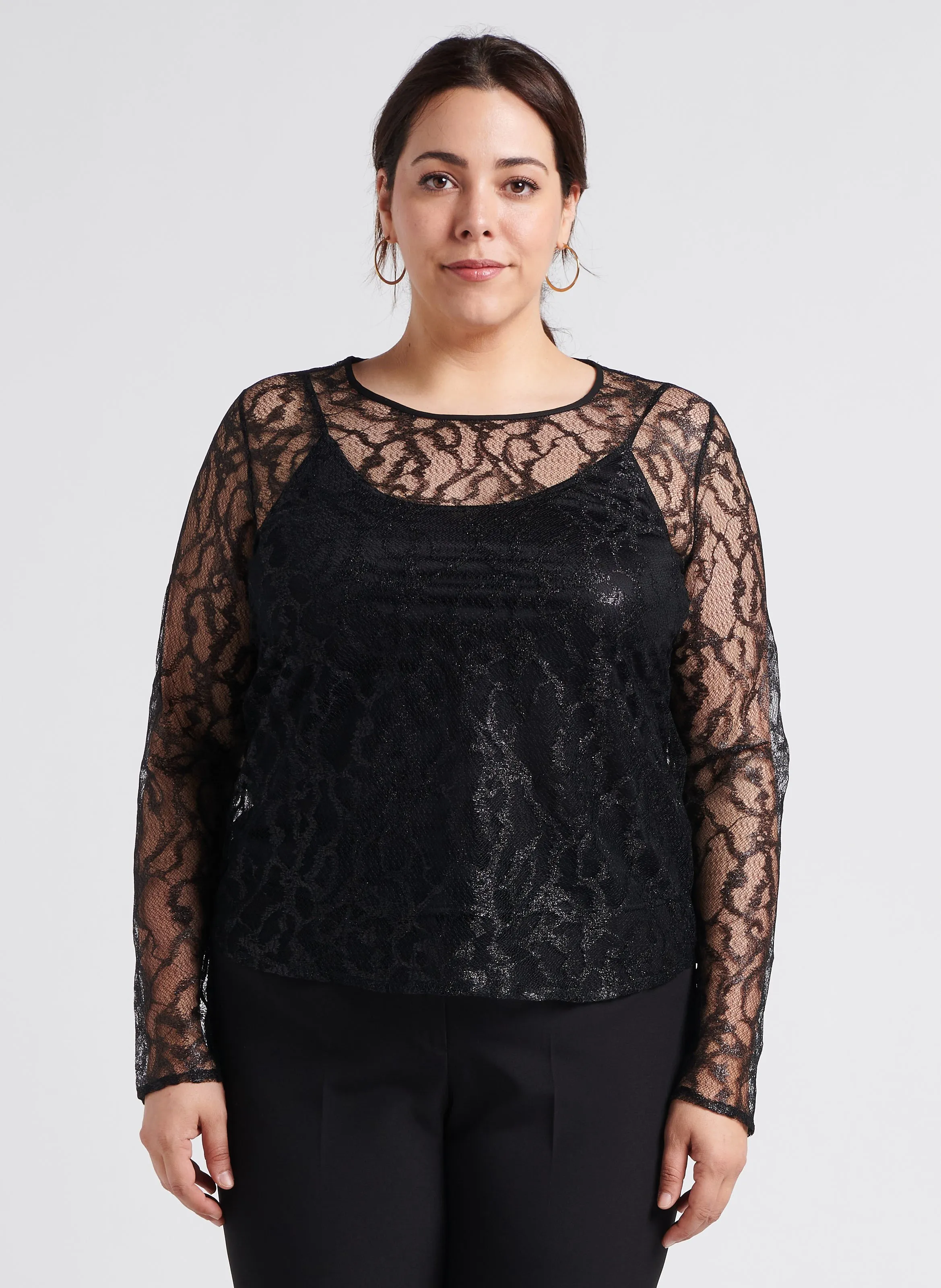  PERSONA by Marina Rinaldi   VITA - Blusa taglio dritto trasparente con finitura metallizzata | Nero