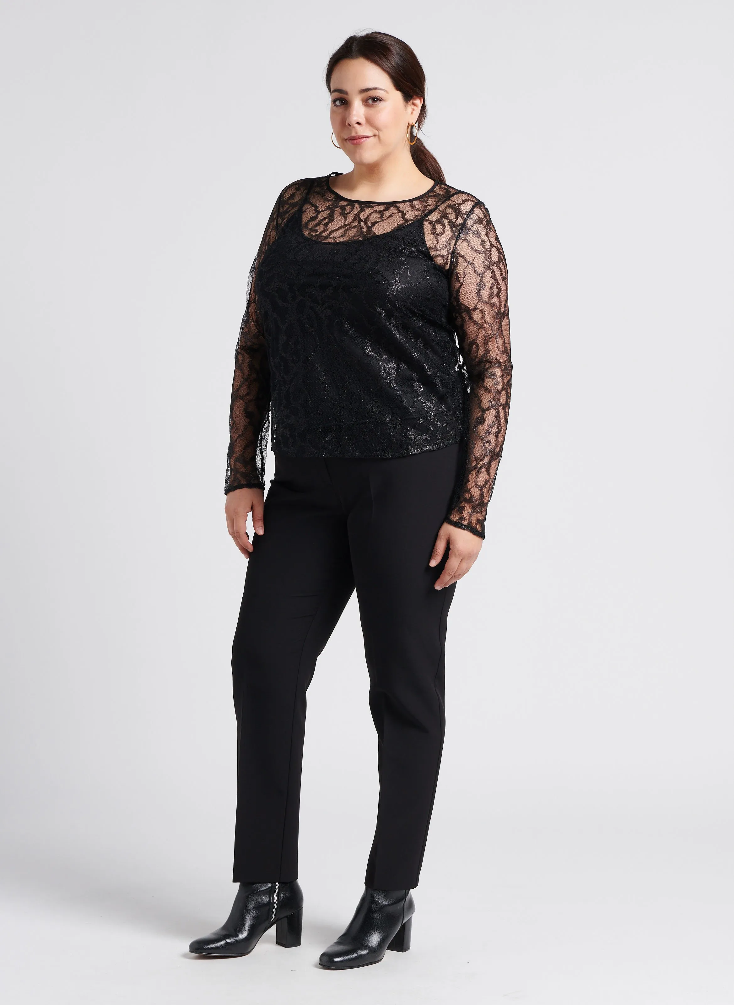  PERSONA by Marina Rinaldi   VITA - Blusa taglio dritto trasparente con finitura metallizzata | Nero