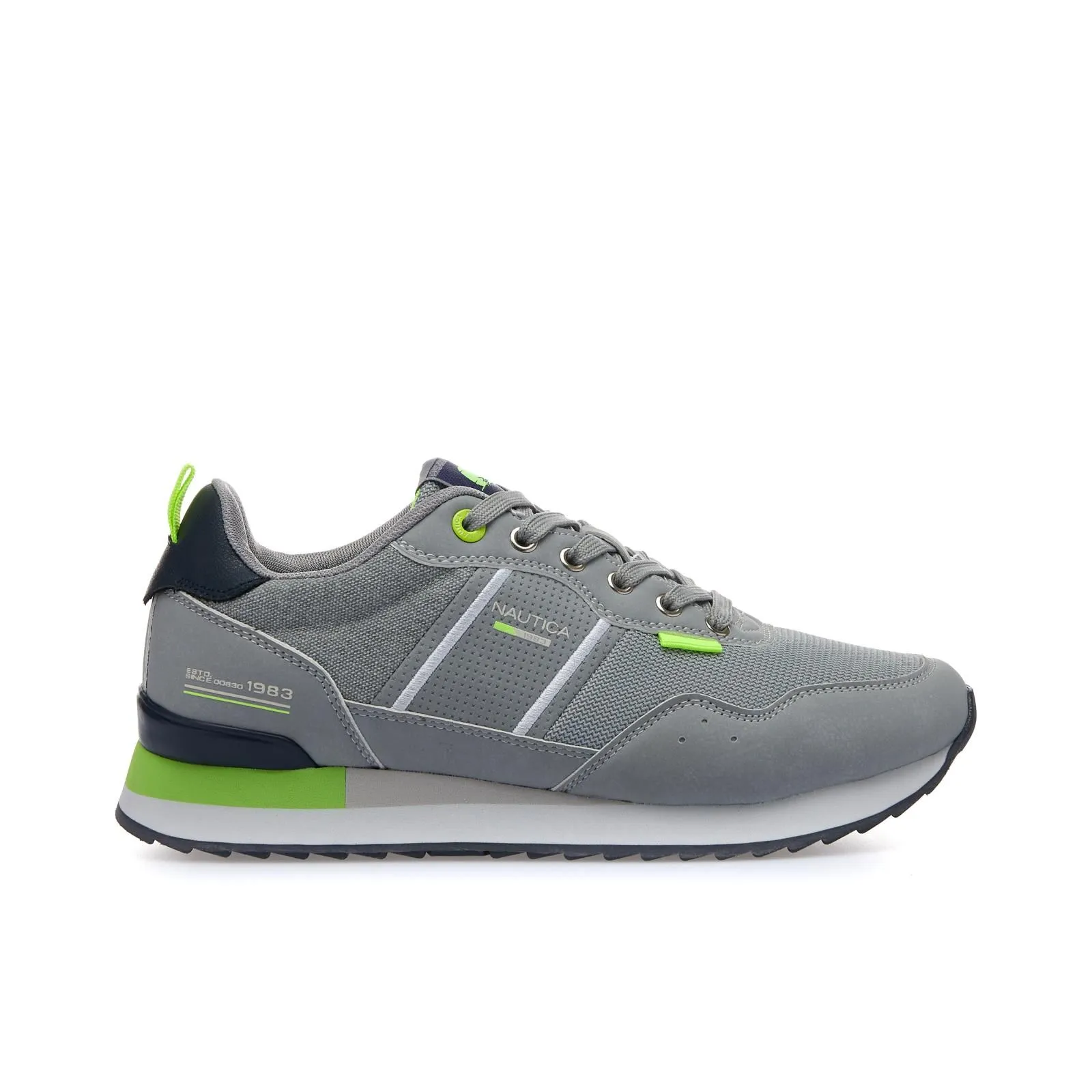 Sneakers grigie con logo e dettagli fluo