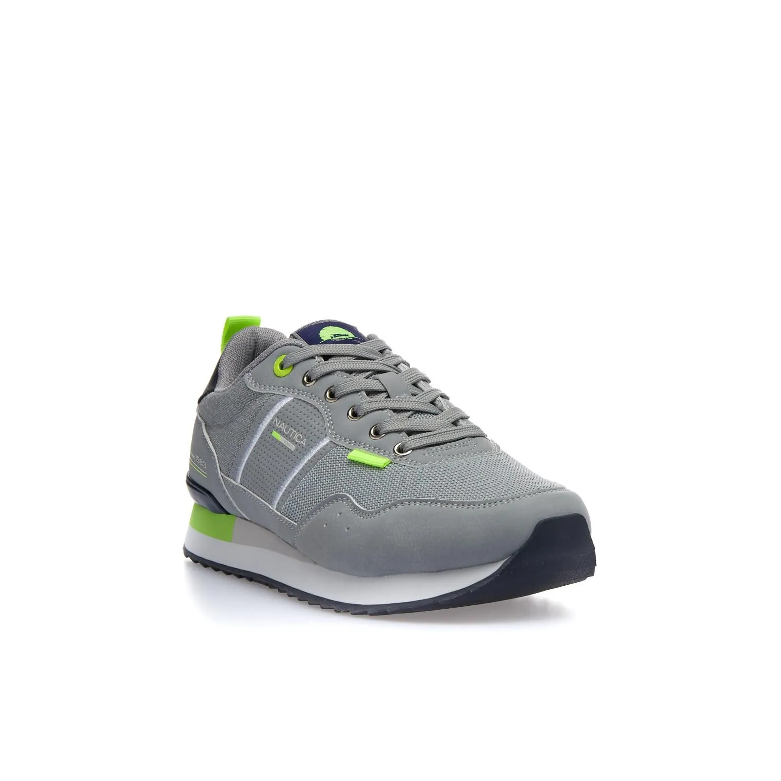 Sneakers grigie con logo e dettagli fluo